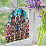 Cathedral Acrylic Suncatcher, Stained Glass Style Church Window Panel with Blue Sky and Pink Blossoms, Christian Religious Home Decor