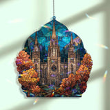 Cathedral Acrylic Suncatcher, Stained Glass Style Gothic Church Window Panel with Autumn Trees and Blue Sky, Religious Home Decor Gift