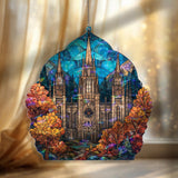 Cathedral Acrylic Suncatcher, Stained Glass Style Gothic Church Window Panel with Autumn Trees and Blue Sky, Religious Home Decor Gift