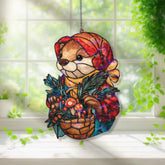 Otter Acrylic Suncatcher, Stained Glass Style Woodland Animal in Red Hood with Basket of Mushrooms and Berries, Fairy Tale Window Decor