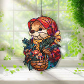 Otter Acrylic Suncatcher, Stained Glass Style Woodland Animal in Red Hood with Basket of Mushrooms and Berries, Fairy Tale Window Decor