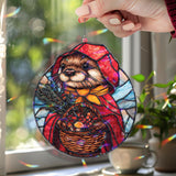 Otter in Red Hood Acrylic Suncatcher, Stained Glass Style Woodland Animal Window Hanging with Basket, Fairy Tale Inspired Home Decor