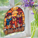 Cute Chipmunk Family Acrylic Suncatcher, Stained Glass Style Winter Window Hanging with Scarves, Sunset Animal Panel Home Decor Gift