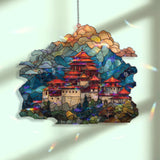 Asian Temple Acrylic Suncatcher, Stained Glass Style Mountain Pagoda Window Panel with Clouds and Sunset, Travel Inspired Home Decor