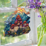 Asian Temple Acrylic Suncatcher, Stained Glass Style Mountain Pagoda Window Panel with Clouds and Sunset, Travel Inspired Home Decor
