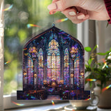 Cathedral Acrylic Suncatcher, Stained Glass Style Church Window Panel with Cross, Gothic Arched Design, Christian Religious Home Decor