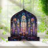Cathedral Acrylic Suncatcher, Stained Glass Style Church Window Panel with Cross, Gothic Arched Design, Christian Religious Home Decor