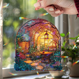 Garden Patio Acrylic Suncatcher, Stained Glass Style Arch Window Panel with Lantern, Chair, Table and Blooming Flowers Home Decor