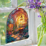 Garden Patio Acrylic Suncatcher, Stained Glass Style Arch Window Panel with Lantern, Chair, Table and Blooming Flowers Home Decor
