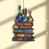 Alchemy Books and Potion Bottles Acrylic Suncatcher, Stained Glass Style Fantasy Window Hanging, Magical Witchy Home Décor Gift