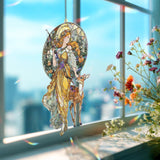 Goddess and Deer Acrylic Suncatcher, Stained Glass Style Art Nouveau Round Window Panel, Mythical Nature Hanging Home Decor Gift