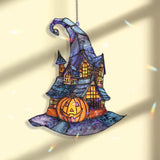 Halloween Haunted House Acrylic Suncatcher, Stained Glass Style Witch Hat with Pumpkin, Spooky Window Hanging Holiday Décor