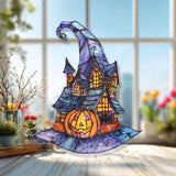 Halloween Haunted House Acrylic Suncatcher, Stained Glass Style Witch Hat with Pumpkin, Spooky Window Hanging Holiday Décor