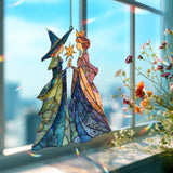Witch and Princess Acrylic Suncatcher, Fantasy Stained Glass Style Round Window Panel, Magical Fairy Tale Hanging Home Decor Gift