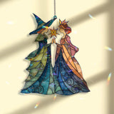 Witch and Princess Acrylic Suncatcher, Fantasy Stained Glass Style Round Window Panel, Magical Fairy Tale Hanging Home Decor Gift