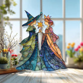 Witch and Princess Acrylic Suncatcher, Fantasy Stained Glass Style Round Window Panel, Magical Fairy Tale Hanging Home Decor Gift