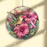 Hummingbird and Hibiscus Acrylic Suncatcher, Pink Ribbon Breast Cancer Awareness Window Panel, Floral Stained Glass Style Décor