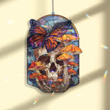 Skull and Butterfly Acrylic Suncatcher, Gothic Stained Glass Style Panel with Mushrooms, Dark Fantasy Window Hanging Home Décor