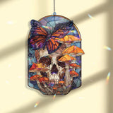 Skull and Butterfly Acrylic Suncatcher, Gothic Stained Glass Style Panel with Mushrooms, Dark Fantasy Window Hanging Home Décor