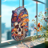 Skull and Butterfly Acrylic Suncatcher, Gothic Stained Glass Style Panel with Mushrooms, Dark Fantasy Window Hanging Home Décor