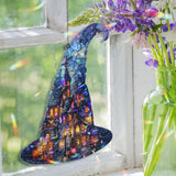 Witch Hat Acrylic Suncatcher, Halloween Haunted House with Pumpkins Window Hanging, Spooky Stained Glass Style Holiday Home Decor Gift