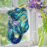 Mermaid Acrylic Suncatcher, Ocean Fantasy Window Hanging with Flowing Hair and Scales, Stained Glass Style Nautical Home Decor Gift