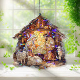 Nativity Acrylic Suncatcher, Holy Family with Baby Jesus in Wooden Manger Scene Window Hanging