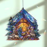 Nativity Acrylic Suncatcher, Holy Family in Manger Window Hanging Ornament, Christmas Stained Glass Style Christian Holiday Home Decor