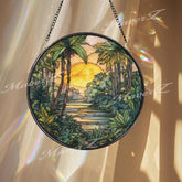 Jungle Sunset Stained Glass Suncatcher, Round Tropical Forest River Window Panel with Palm Trees, Exotic Nature Home Decor Gift