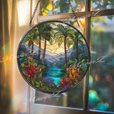 Tropical Stained Glass Suncatcher, Round Palm Tree and River Window Panel with Colorful Flowers, Exotic Nature Home Decor Gift