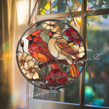 Cardinal Stained Glass Suncatcher, Round Red and Yellow Bird Window Panel with Flowers, Nature Inspired Wildlife Home Decor Gift