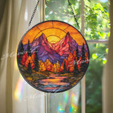 Mountain Sunset Stained Glass Suncatcher, Round Autumn Forest Window Panel with River and Peaks, Nature Landscape Home Decor Gift