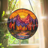 Mountain Sunset Stained Glass Suncatcher, Round Autumn Forest Window Panel with River and Peaks, Nature Landscape Home Decor Gift