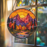 Mountain Sunset Stained Glass Suncatcher, Round Autumn Forest Window Panel with River and Peaks, Nature Landscape Home Decor Gift