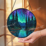 Northern Lights Stained Glass Suncatcher, Round Aurora Borealis Forest Lake Window Panel, Night Sky Nature Home Decor Gift