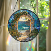 Ocean Archway Stained Glass Suncatcher, Round Coastal Beach Window Panel with Waves and Stone Path, Seaside Nature Home Decor Gift