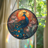 Peacock Stained Glass Suncatcher, Round Blue Bird Window Panel with Sun and Tulip Flowers, Elegant Nature Inspired Home Decor Gift