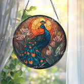 Peacock Stained Glass Suncatcher, Round Blue Bird Window Panel with Sun and Tulip Flowers, Elegant Nature Inspired Home Decor Gift