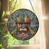 Bookshelf Stained Glass Suncatcher, Round Colorful Book Window Panel with Floral Border, Literary Home Decor Gift for Book Lovers