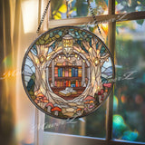 Book Nook Stained Glass Suncatcher, Round Library Window Panel with Lanterns and Mushrooms, Cozy Reading Room Decor Gift