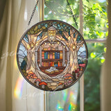 Book Nook Stained Glass Suncatcher, Round Library Window Panel with Lanterns and Mushrooms, Cozy Reading Room Decor Gift