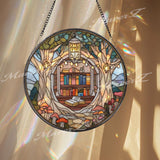 Book Nook Stained Glass Suncatcher, Round Library Window Panel with Lanterns and Mushrooms, Cozy Reading Room Decor Gift