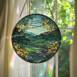 Landscape Stained Glass Suncatcher, Round Mountain River Valley Window Panel with Yellow Flowers, Nature Inspired Home Decor Gift