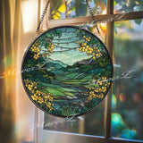 Landscape Stained Glass Suncatcher, Round Mountain River Valley Window Panel with Yellow Flowers, Nature Inspired Home Decor Gift