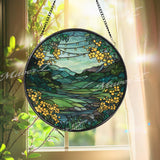 Landscape Stained Glass Suncatcher, Round Mountain River Valley Window Panel with Yellow Flowers, Nature Inspired Home Decor Gift