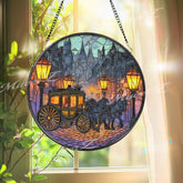 Carriage Street Stained Glass Suncatcher, Round Victorian Horse Car Window Panel, Vintage City Night Scene Home Decor Gift