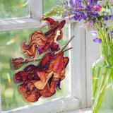 Red Witch Acrylic Suncatcher, Stained Glass Style Witch with Flowing Hair and Broom Window Hanging, Halloween Gothic Fantasy Home Décor Gift