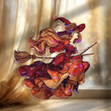 Red Witch Acrylic Suncatcher, Stained Glass Style Witch with Flowing Hair and Broom Window Hanging, Halloween Gothic Fantasy Home Décor Gift
