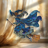 Flying Witch Acrylic Suncatcher, Stained Glass Style Blue Witch on Broom with Flowing Cape Window Hanging, Halloween Gothic Home Décor Gift
