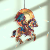 Native Warrior Horse Acrylic Suncatcher, Stained Glass Style Rider with Feather Headdress and Sun Window Hanging
